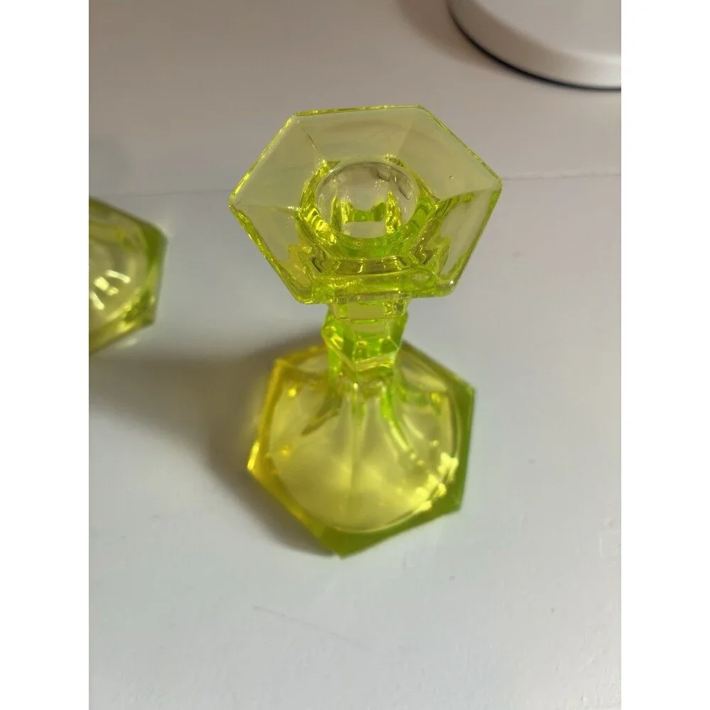 Vintage Antique Uranium Vaseline Glass Candlestick Set of 2 UV Taper Candles